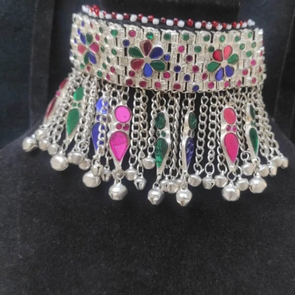 Tribal Choker Necklace With Dangling Tassels and Glass Stones